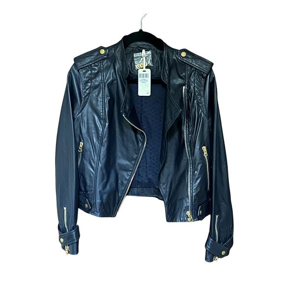Kookai Paris Genuine Leather Biker Jacket Navy Blue Size 38 New With Tags - Picture 9 of 10